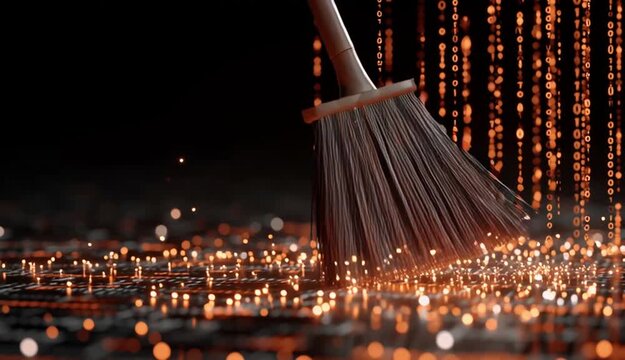 Broom sweeps digital data, cleaning floor with binary code. Concept of tech cleanup, system maintenance, and virus removal in cyberspace. Bright sparks suggest innovation and data security solutions