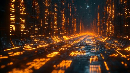 Futuristic city street glowing orange yellow