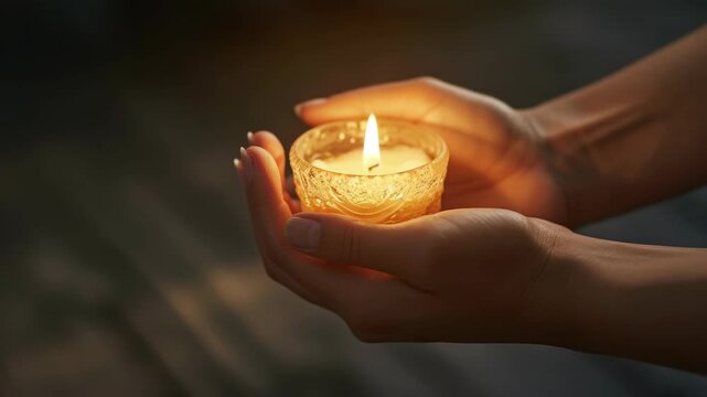 A person's hands gently holding a lit candle, symbolizing warmth, light, and tranquility.