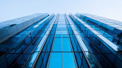 Obraz premium Stunning modern skyscraper facade reflects blue sky, symbolizing corporate success and innovation