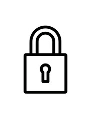 Illustration of a simple black outline padlock with a keyhole centered on a white background image