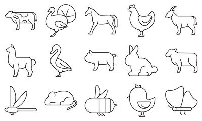 Farm animals line icon set. Editable stroke vector pictograms of cow, horse, chicken, pig, goat. Thin linear illustration.