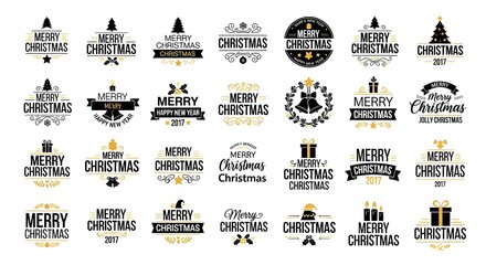 Collection of merry christmas typographic logos and emblems isolated on white background
