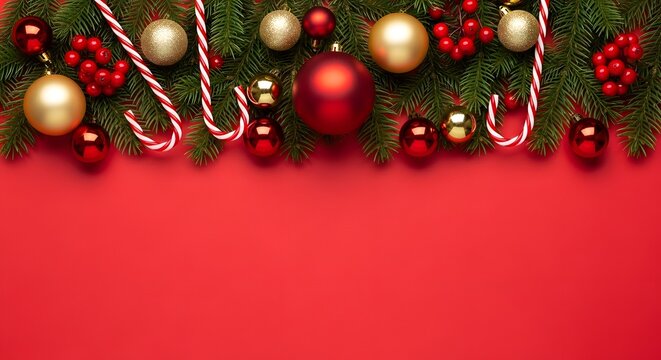 Christmas garland with ornaments and candy canes on red background