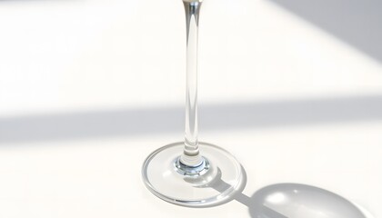 A transparent wine glass sits empty on a white surface as a single water drop falls, a reflection of light on the crystal