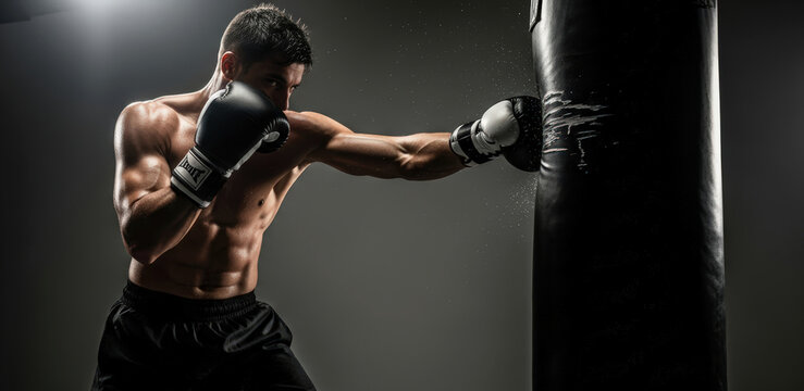 A boxer training with a heavy bag, an image of determination and physical strength - Powered by Adobe