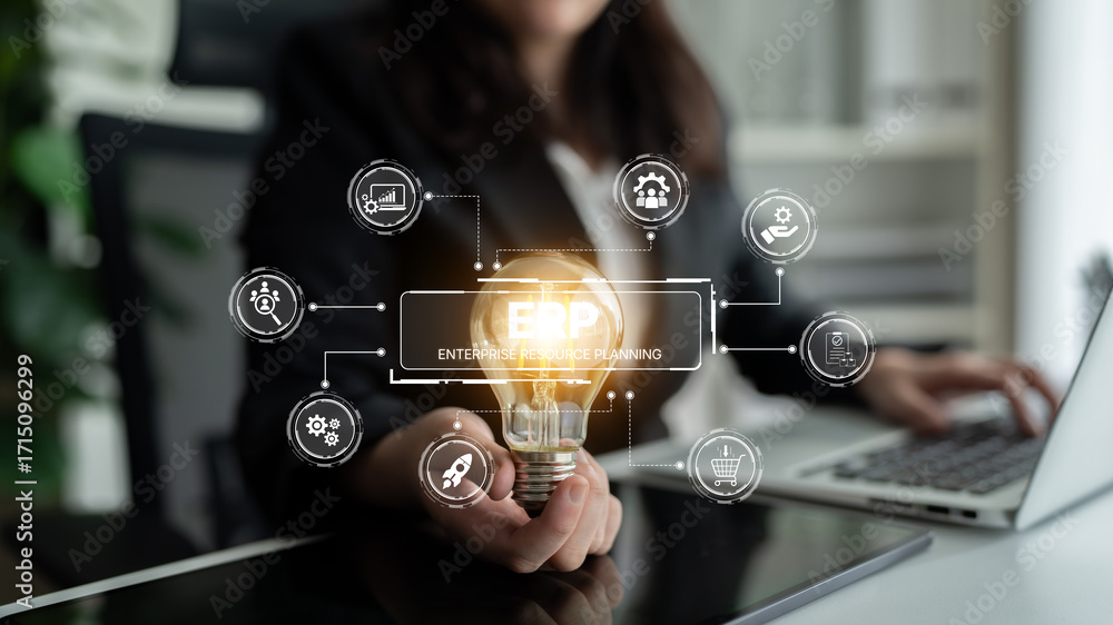 Poster ERP platform visual showing centralized system for enterprise resource planning, improving integration, data flow, business efficiency, finance, inventory, and human resources. Spline