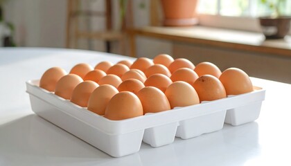 Fresh brown eggs in a white carton on a table