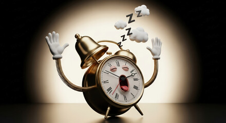 A golden animated alarm clock with arms, hands, and legs is fast asleep. The humorous image symbolizes the need for rest