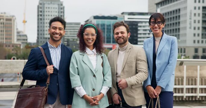 Face, business and people in city, happiness and legal team with confidence, about us and pride. Group, attorney and lawyers with smile, support and cooperation with urban town and travel in New York