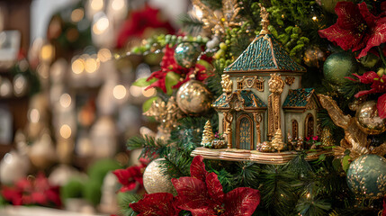 Christmas tree ornament with a small house and decorations