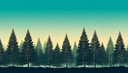 Stylized digital art illustration depicting a serene evergreen forest panorama under a vibrant gradient sky, creating a tranquil and flowing natural background