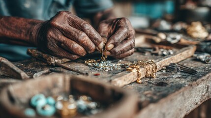 Medium shot of artisan hands delicately shaping recycled metal into ecofriendly jewelry with blurred natural workspace in the background.