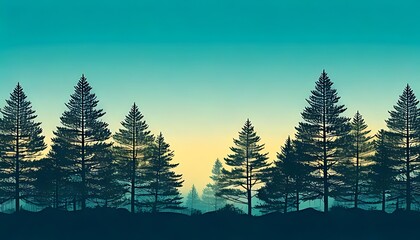 Minimalist illustration of a serene forest landscape at sunrise or sunset, featuring dark evergreen pine tree silhouettes against a vibrant gradient sky