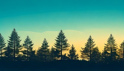Tranquil evergreen forest silhouette against a gradient sky, evoking natural serenity and vibrant growth