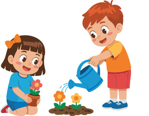 Cartoon children gardening, kids planting flowers, watering plants, teamwork in garden, outdoor activity, nature care, environmental education, happy kids, eco lifestyle, growth