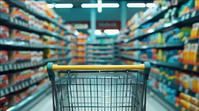 Empty shopping cart in middle of grocery store aisle. Convenient for transporting products and navigating the store.