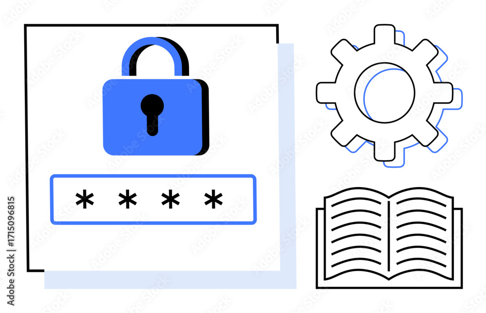 Poster blue padlock with password field representing security. gear and open book symbols indicate configur