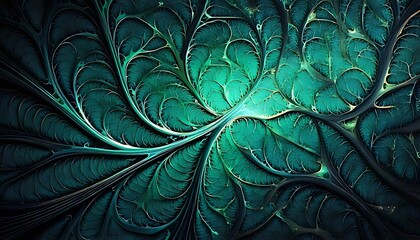 Abstract teal and gold fractal patterns resembling organic branching structures and flowing water