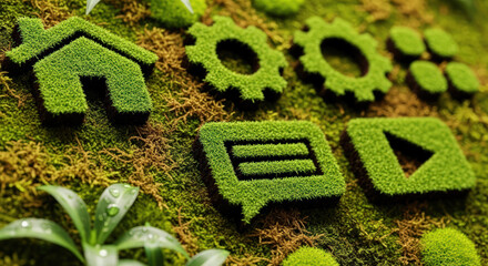 App icons and gears covered in green moss, growing on a natural ground, symbolizing digital technology and environmental sustainability
