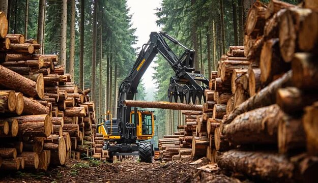 Forestry harvester machine with hydraulic arm loading cut timber logs in forest, large stacks of wooden logs piled on both sides, dense pine and spruce forest background, bright studio lighting, lar