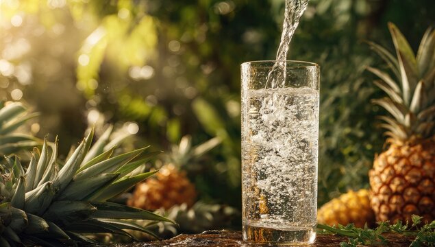 Refreshing water being poured into a glass, surrounded by pineapples