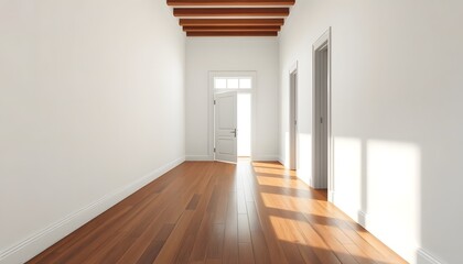 Obraz premium Modern home interior with an empty, open-plan room featuring a wood floor, large windows, and a staircase leading to the upper level