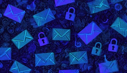 Abstract pattern of email envelopes and padlocks in deep blue