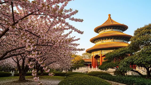 Vibrant cherry blossoms frame a majestic traditional Chinese temple