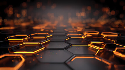 Fototapeta premium Abstract Hexagon Tech Background with Illuminated Orange Lights, Futuristic Design