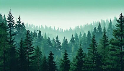 Evergreen forest panorama with layers of trees fading into misty mountain landscape