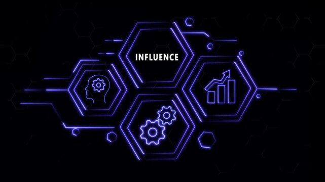 Abstract neon Hud knowledge ability business gear icon Glowing neon line concept. Glowing "INFLUENCE" button in German on a futuristic, abstract wave technology om black background.