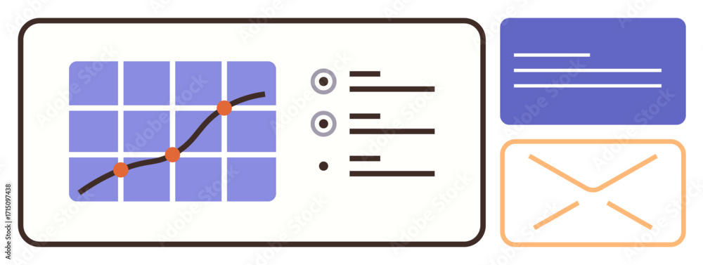 Poster data chart with trend line, bullet-point checklist, email envelope, and text panel. ideal for busine