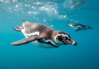 Naklejka premium Close-up Galápagos penguin swimming in turquoise water with sleek black-and-white plumage and flipper motion under sunlight