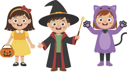 Children in Halloween costumes, wizard with wand, girl in yellow dress, purple cat outfit, festive trick or treat, autumn celebration