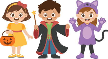 Children in Halloween costumes, wizard with wand, girl in yellow dress, purple cat outfit, trick or treat, festive spooky night, autumn celebration