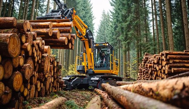 Forestry harvester machine with hydraulic arm loading cut timber logs in forest, large stacks of wooden logs piled on both sides, dense pine and spruce forest background, bright studio lighting, lar