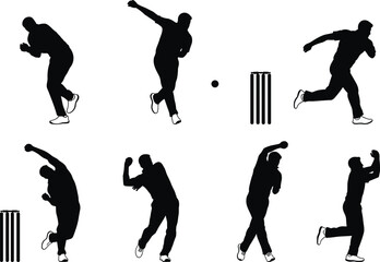 Cricket bowler silhouette sequence, bowling action stages, sports illustration, cricket stumps, athletic motion, training concept, coaching guide, dynamic movement, fitness, technique