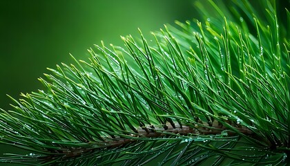 Detailed macro shot of glistening pine needles after refreshing rain, revealing the delicate beauty of moisture clinging to vibrant green coniferous branches, a serene natural texture