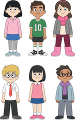 Diverse cartoon characters, multicultural children illustration, cute kids in colorful outfits, educational design, school project art, inclusive vector people set
