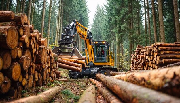 Forestry harvester machine with hydraulic arm loading cut timber logs in forest, large stacks of wooden logs piled on both sides, dense pine and spruce forest background, bright studio lighting, lar