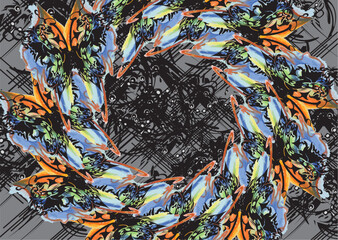 Ornamental circle frame created by butterfly wings against gray textural backdrop. Colorful tropical motifs for fashion trends, business concepts, covers, interiors, tiles, prints,  dynamic posters