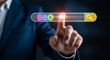 Fototapeta premium Businessman's finger points to search bar with SEO text, symbolizing online marketing success