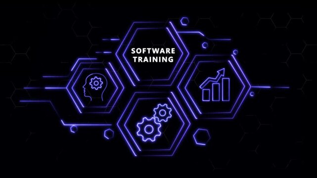 Abstract neon Hud knowledge ability business gear icon Glowing neon line concept. Glowing "SOFTWARE TESTING" button in German on a futuristic, abstract wave technology on black background.