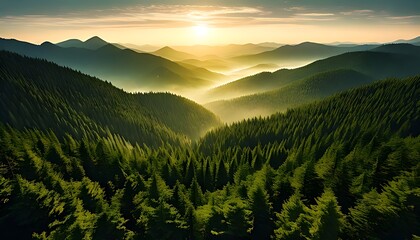 Golden Hour Serenity Majestic Mountain Peaks Embrace Sun-Kissed Evergreen Forest in Breathtaking Vista