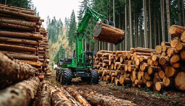 Forestry harvester machine with hydraulic arm loading cut timber logs in forest, large stacks of wooden logs piled on both sides, dense pine and spruce forest background, bright studio lighting, lar