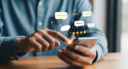Customer leaving glowing review on smartphone, rating service with five stars and high satisfaction