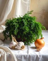 A still life arrangement of fresh dill, garlic, and an onion, resting on a white tablecloth.