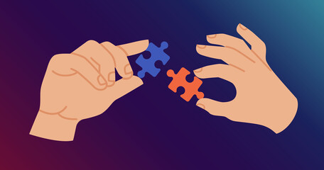 Hands connecting puzzle pieces together