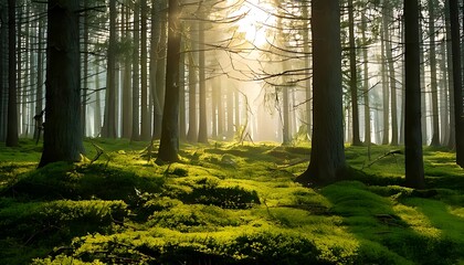 Sunbeams illuminating a moss-covered forest floor, surrounded by majestic pine trees